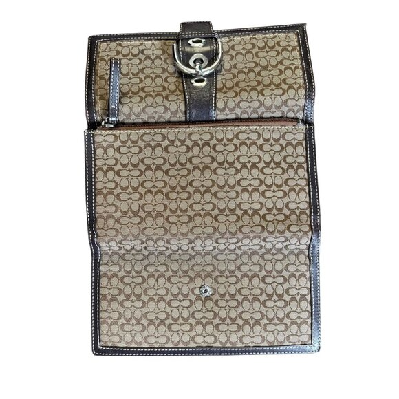 Coach Signature Canvas Leather Wallet Buckle Snap Closure Brown Zip Card Slots - Picture 4 of 6